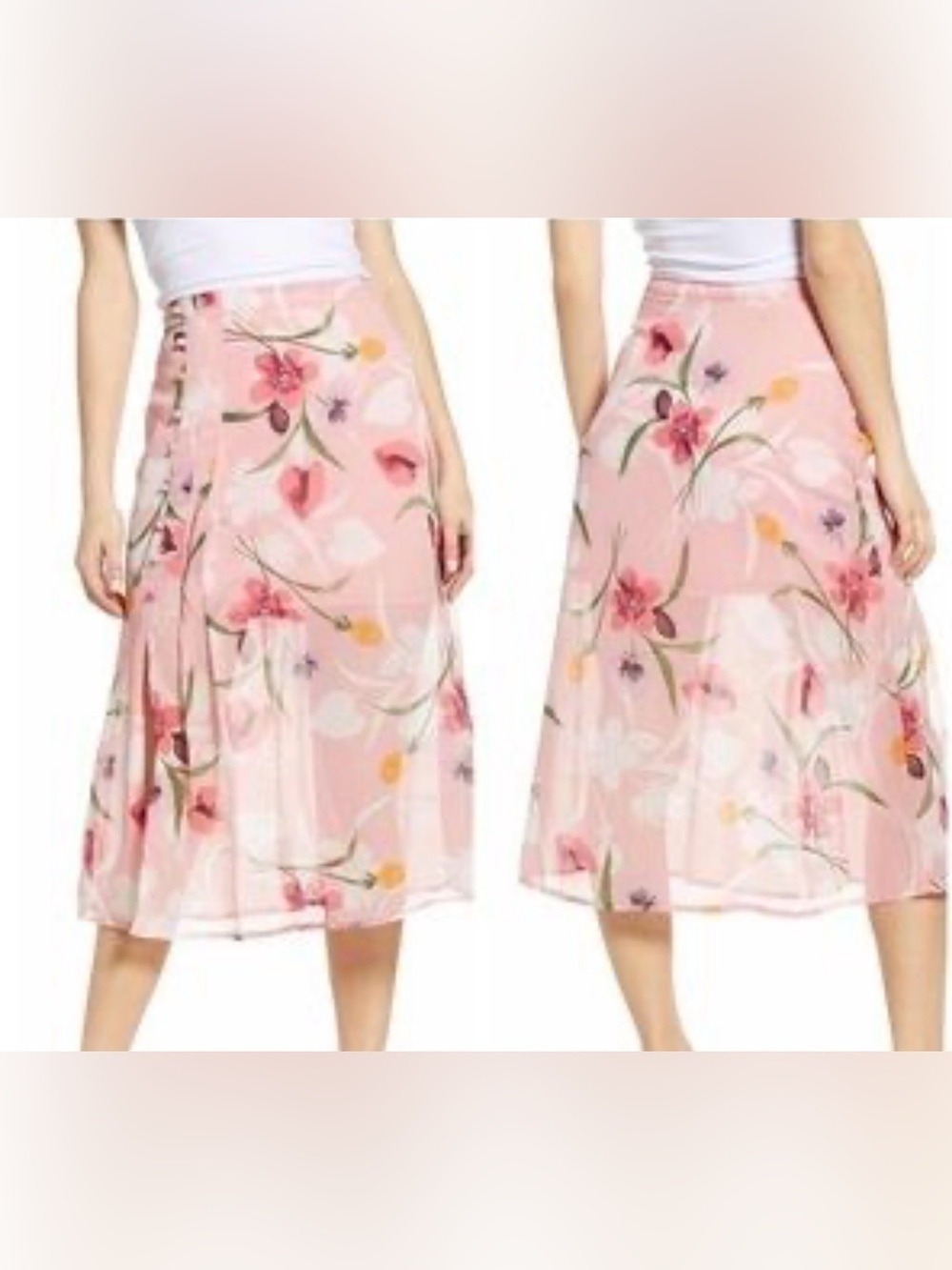 Leith NWT Pink Sparkle Floral Pink Chiffon Midi Skirt Short Inner Liner Size S